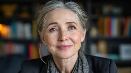 middle-aged woman in blazer speaking into webcam with blurred bookshelf background