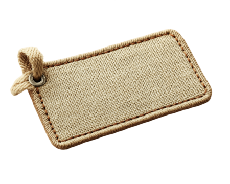 Beige Rectangular Fabric Tag with Rope Loop on Transparent Background