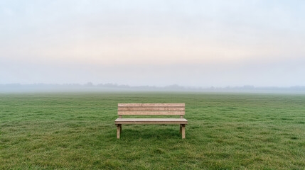 Wooden bench in open field surrounded by misty atmosphere at dawn evokes tranquility