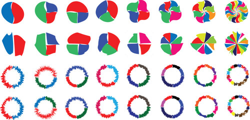 Set of pie chart colorful circle diagram. abstract symbols 2,3,4,5,6,7,8,9,10,11,12 ,13,14,15,sections or steps. Colorful Pie chart set. Pie chart circle. Flat process cycle. Progress sectors 