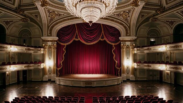 Elegant theater interior with a grand chandelier and red curtains, captured from a central, wide-angle view, ideal for a dramatic video setting.
