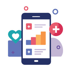 Smartphone displays a rising graph, paired with heart and plus symbols over a white backdrop