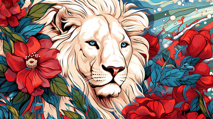 A white lion surrounded by flowers abstract illustration decorative painting