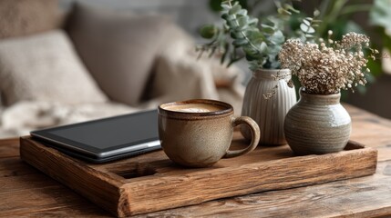 rustic home office with tablet on wooden tray, laptop open next to ceramic mug