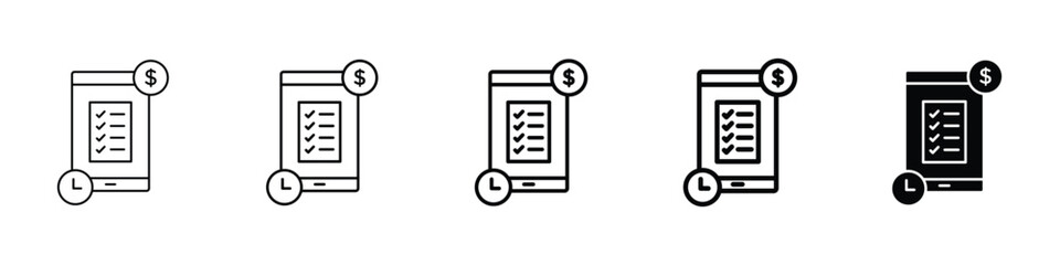 Fototapeta premium Set of 5 pixel perfect Transaction history icon with 1 unexpanded, 1 silhouette, An icon showing a document with arrows and currency symbols.
