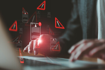 Close up shot of people point to access to personal data and document with warning sign as concept...