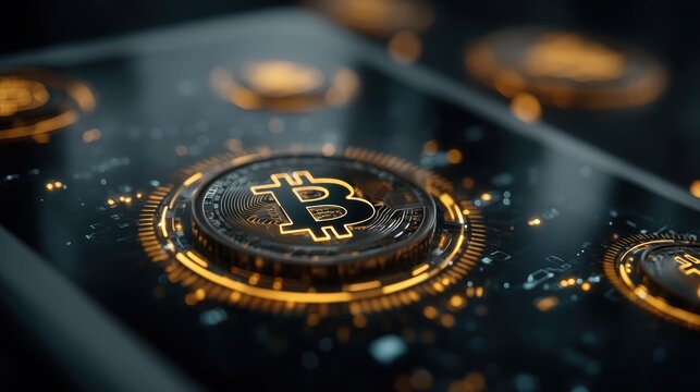 tablet displaying floating holograms of cryptocurrency symbols in midair