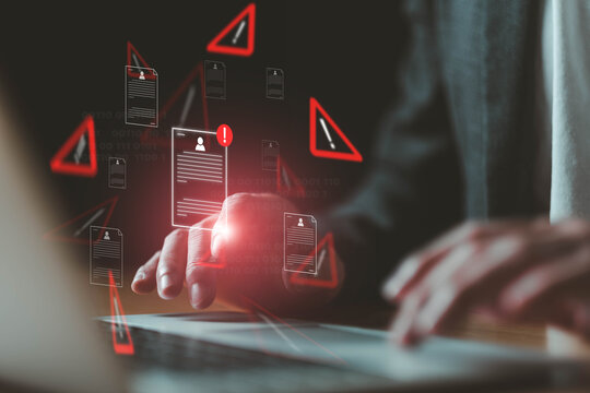Close up shot of people point to access to personal data and document with warning sign as concept of data breach or attack from hacker or spyware. Data security concept. - Powered by Adobe