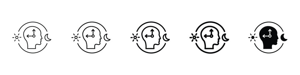 Set of 5 pixel perfect Circadian rhythms icon with 1 unexpanded, 1 silhouette, A moon and sun clock icon indicating biological rhythms.