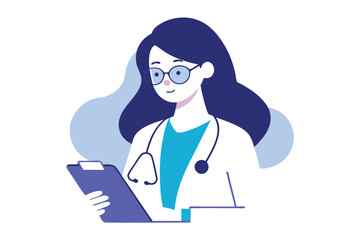 Smiling female doctor with glasses is holding a blue clipboard and reviewing notes