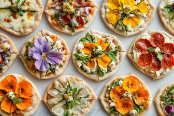 Fototapeta premium Small pizzas adorned with flowers.