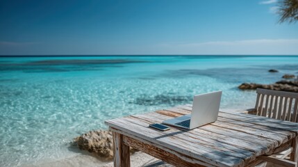 Obraz premium laptop and smartphone on weathered driftwood table facing turquoise sea