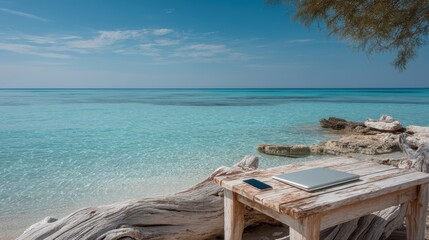 Obraz premium laptop and smartphone on weathered driftwood table facing turquoise sea