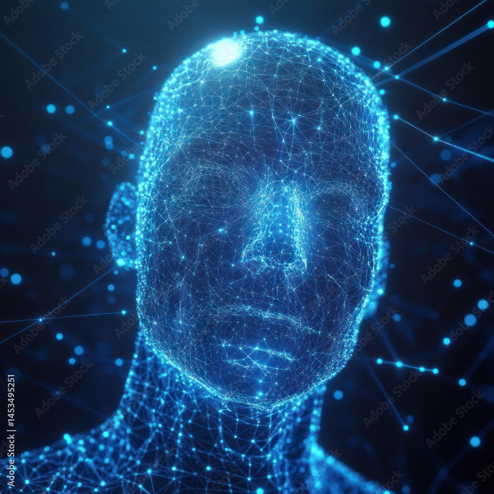 Aufkleber digital face representation constructed from interconnected blue dots and lines