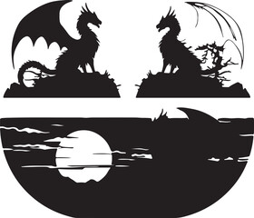 Dragon Silhouette Art: Mystical Dragon Illustrations, Fantasy Creature Vector Graphics, Moonlit Dragon Scene, Black and White Dragon Artwork