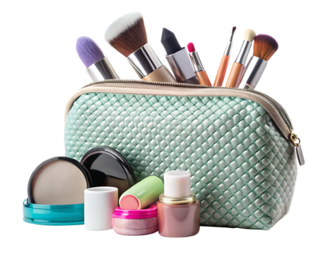 Composition with bag makeup isolated on white background PNG
