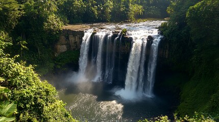 Obraz premium Majestic Waterfall: Cascading Water, Lush Greenery, Serene Beauty