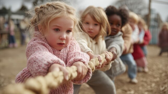 kids playing tug-of-war with rope in open playground - Powered by Adobe