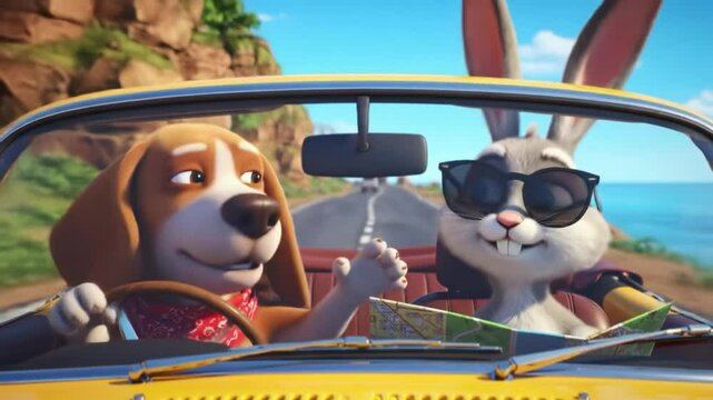 Friends embark on a road trip adventure with a map on a sunny day