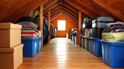 A well-organized attic showcasing storage boxes, clothing, and wooden beams in a cozy space