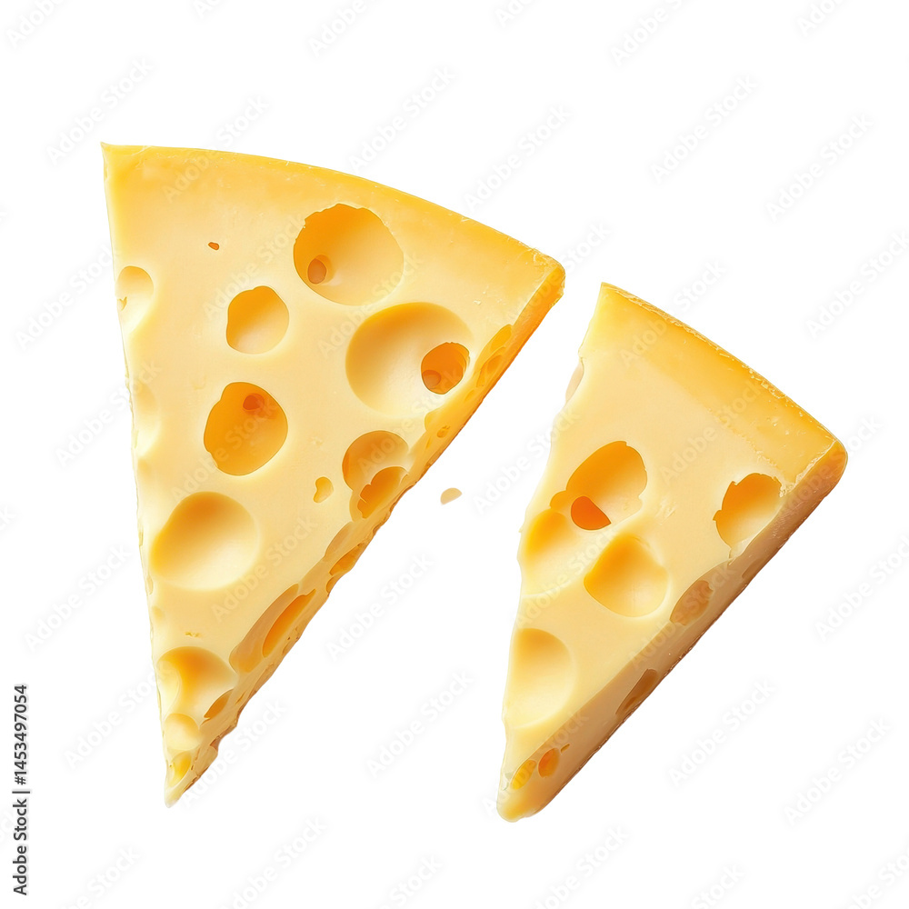 Poster two distinct pieces of cheese resting on a clean transparent background showcasing vibrant color and