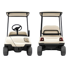 Golf cart front and back view isolated on white background showcasing design and features of the vehicle, golf cart front and back isolated on white background