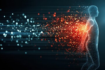 3D Digital Representation of Smart Pill Dissolving in Silhouette of Human Body With Energy Particles Generative AI