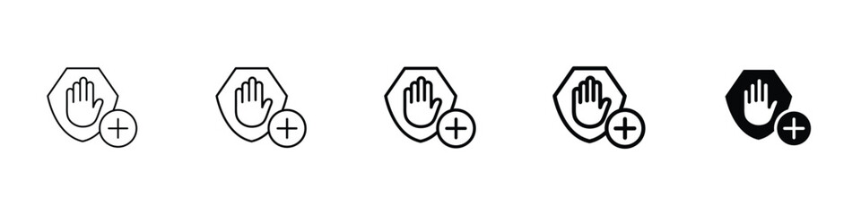 Fototapeta premium Set of 5 pixel perfect safety hand icon with 1 unexpanded, 1 silhouette, A raised open palm icon with a shield symbol denoting safety.