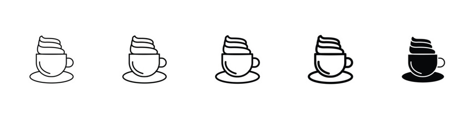 Set of 5 pixel perfect cappuccino icon with 1 unexpanded, 1 silhouette, A coffee cup icon with frothy topping and saucer.