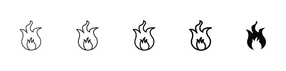 Set of 5 pixel perfect Fire icon with 1 unexpanded, 1 silhouette, A flame icon representing heat, fire hazard, or emergency.