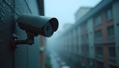 A security camera mounted on the side of a building.