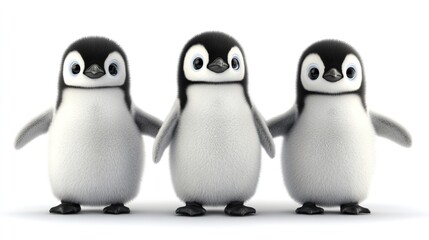 Naklejka premium Group of 3D Baby Penguins Standing, Isolated on Transparent or White Background. Adorable and Playful Antarctic Birds in a Stylized Composition