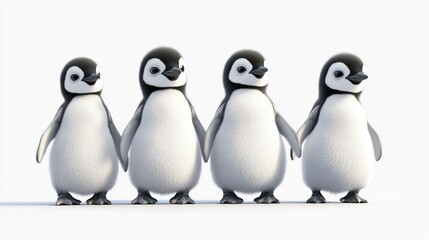 Fototapeta premium Group of 3D Baby Penguins Standing, Isolated on Transparent or White Background. Adorable and Playful Antarctic Birds in a Stylized Composition