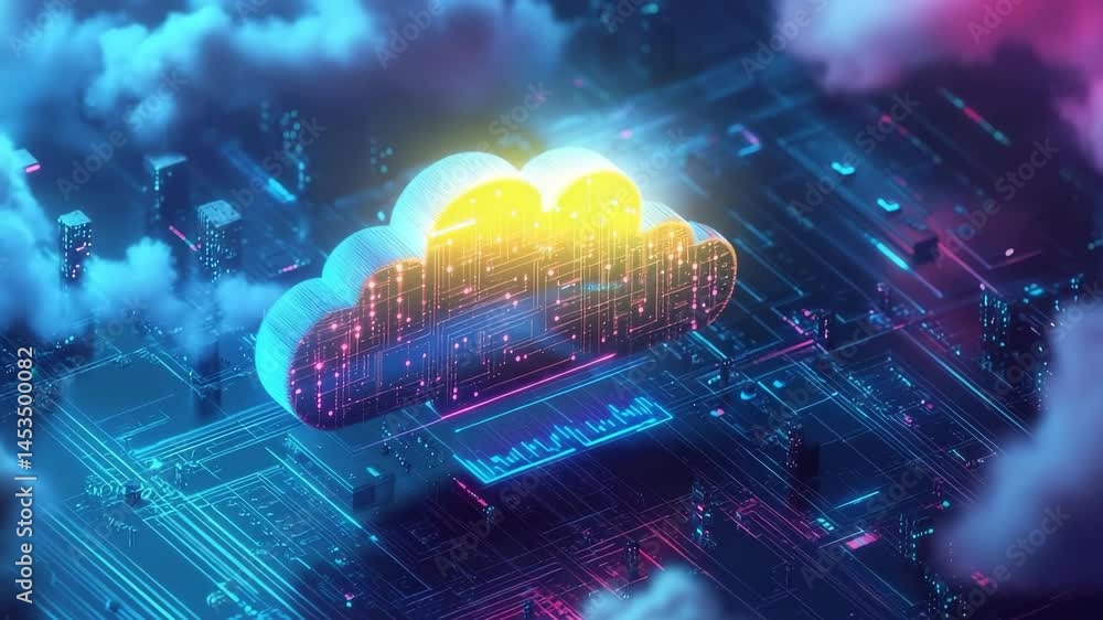 Poster neon cloud computing: futuristic data network in cyberpunk cityscape