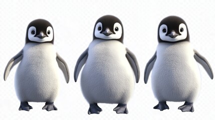 Fototapeta premium Group of 3D Baby Penguins Standing, Isolated on Transparent or White Background. Adorable and Playful Antarctic Birds in a Stylized Composition