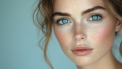 Closeup of woman with blue eyes, natural makeup, soft lighting, pale blue background, serene expression