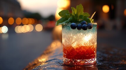 Tricolor cocktail with blueberries and mint in crystal glass, celebrating French National Day with festive elegance.
