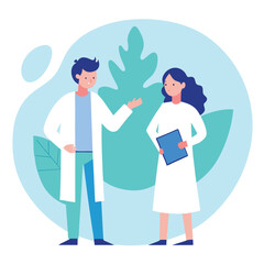 Obraz premium Young doctor explains something to a female coworker in a white lab coat