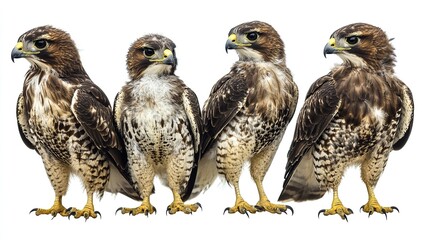 Group of Cute Baby Common Buzzard Birds in Standing Pose, Clipart Isolated on Transparent or White Background. Adorable and Stylized Avian Illustrations