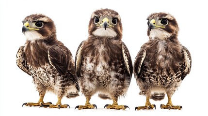 Fototapeta premium Group of Cute Baby Common Buzzard Birds in Standing Pose, Clipart Isolated on Transparent or White Background. Adorable and Stylized Avian Illustrations
