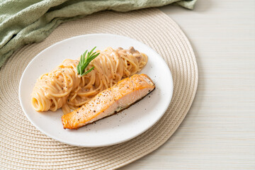grilled salmon with spaghetti creamy tomato sauce
