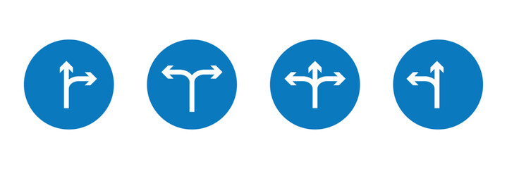 Arrow road signs icon. Road sign right turn icon collection. Right turn symbol sign. Traffic signs icon. Turn right and don't turn right isolated on white background.