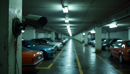 Fototapeta premium A security camera mounted on a wall in a parking garage.