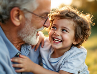 Joyful grandfather and young child share laugh together outdoors, creating heartwarming moment
