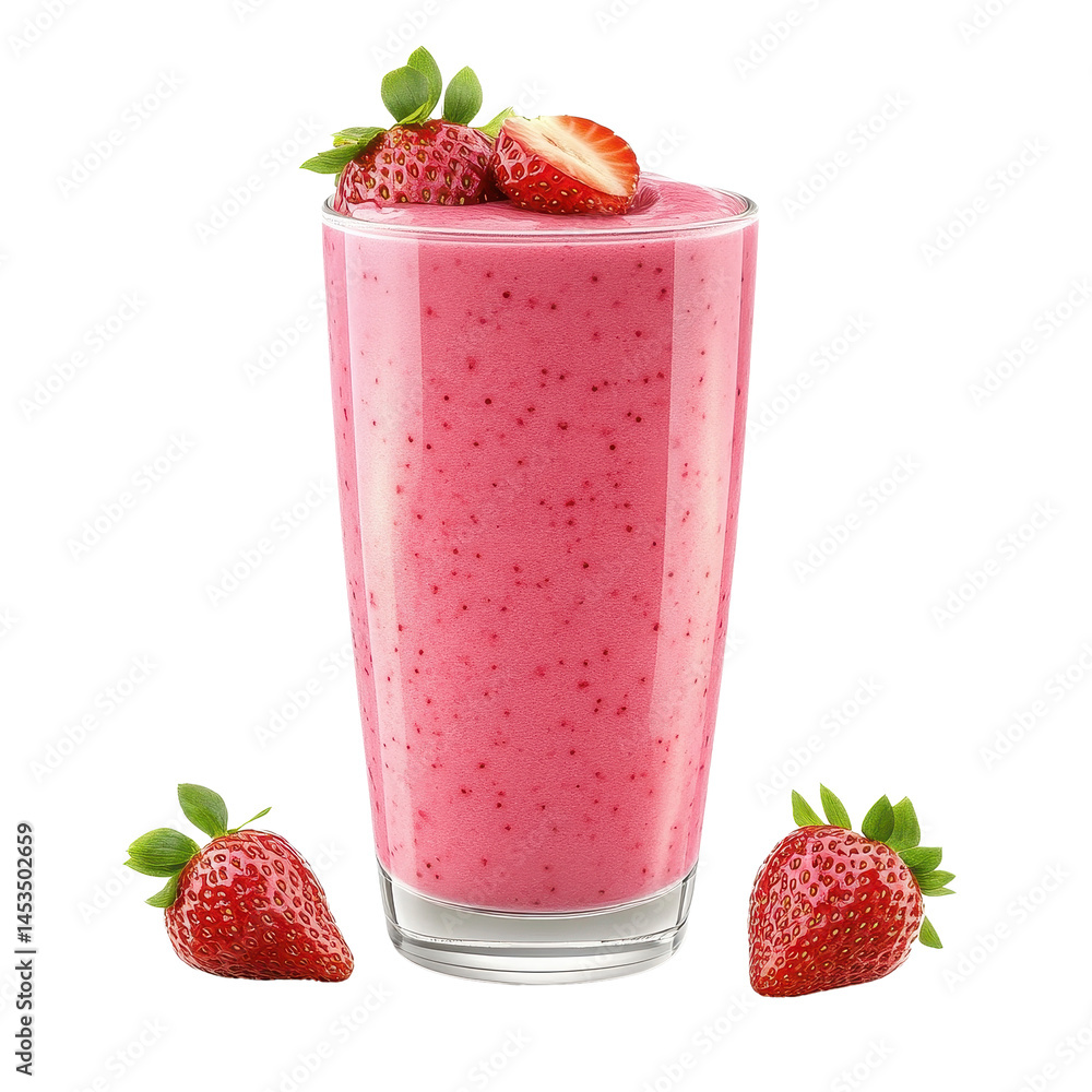 Poster refreshing strawberry smoothie isolated with fresh strawberries on a transparent background, strawbe