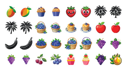 Set of colorful berries and fruits, vegetables. Different vector fruits and vegetables icon set. Vector illustration, Fruits Flat Design Icon Set