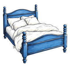 Isolated blue painted wooden bed illustration with cozy white bedding, perfect for interior design concepts