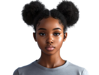 Serene portrait of a young woman with afro puffs hairstyle against a stark space