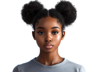 Serene portrait of a young woman with afro puffs hairstyle against a stark space