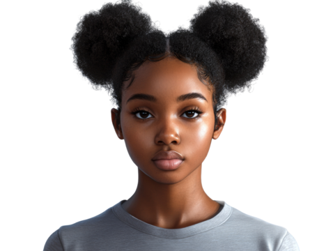 Serene portrait of a young woman with afro puffs hairstyle against a stark space